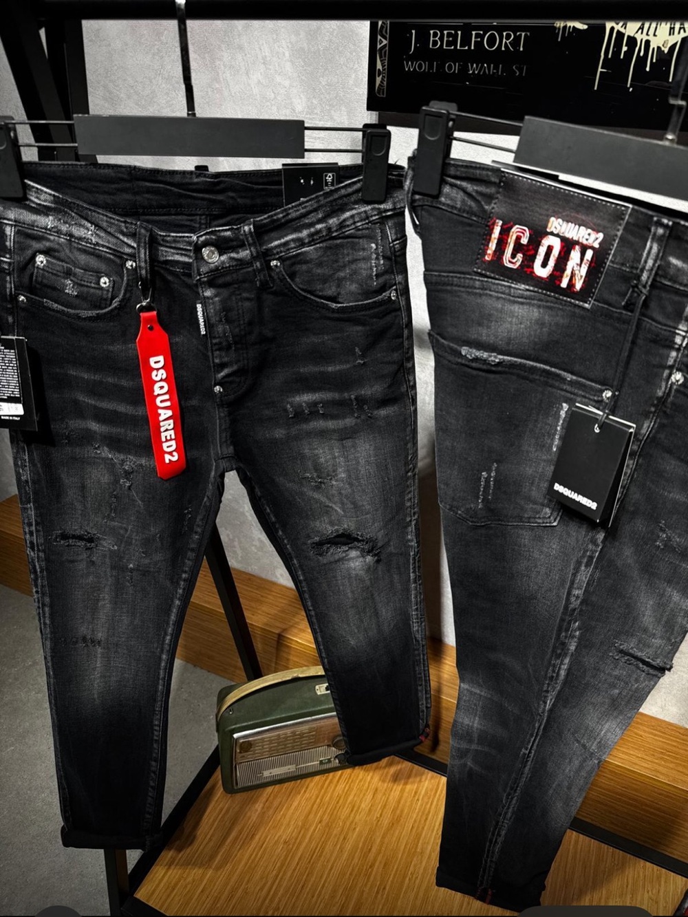 DSQUARED2 Men’s Black Distressed Skinny Jeans with Red ICON Patch